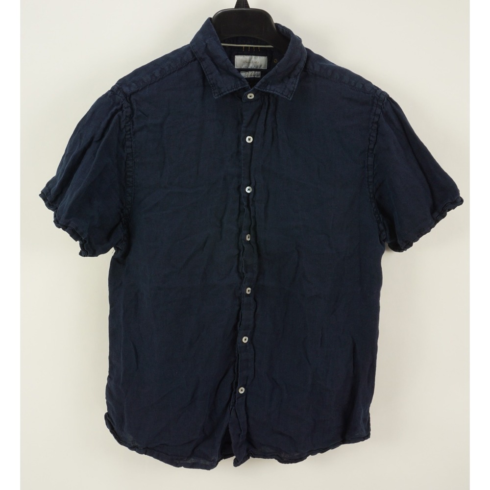 Porter & Ash 100% Linen Men's Large Slim Short Sleeve‎ Navy Blue Button Up Shirt